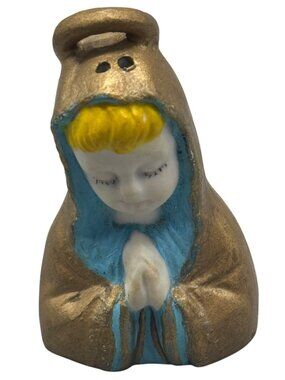Praying Angel Figurine Gold & Blue Ceramic Ornament 2.5" Used READ